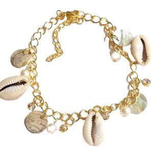 Cowrie Sea Shell Life Anklet 9-11" Pearl Crystal Shells Island Beach Adjustable